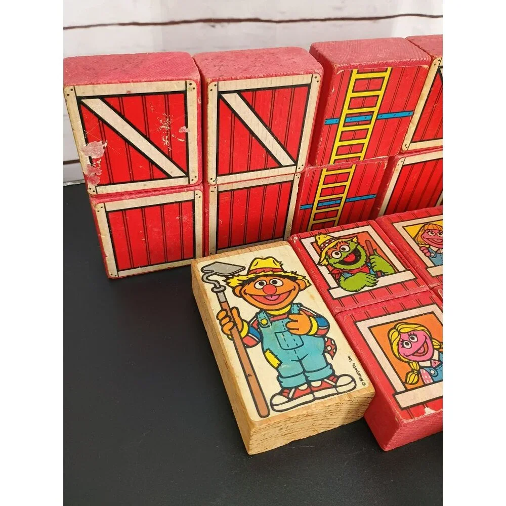 Vintage 1980s Sesame Street Wooden Blocks With Farm Characters & Barn Doors Educ
